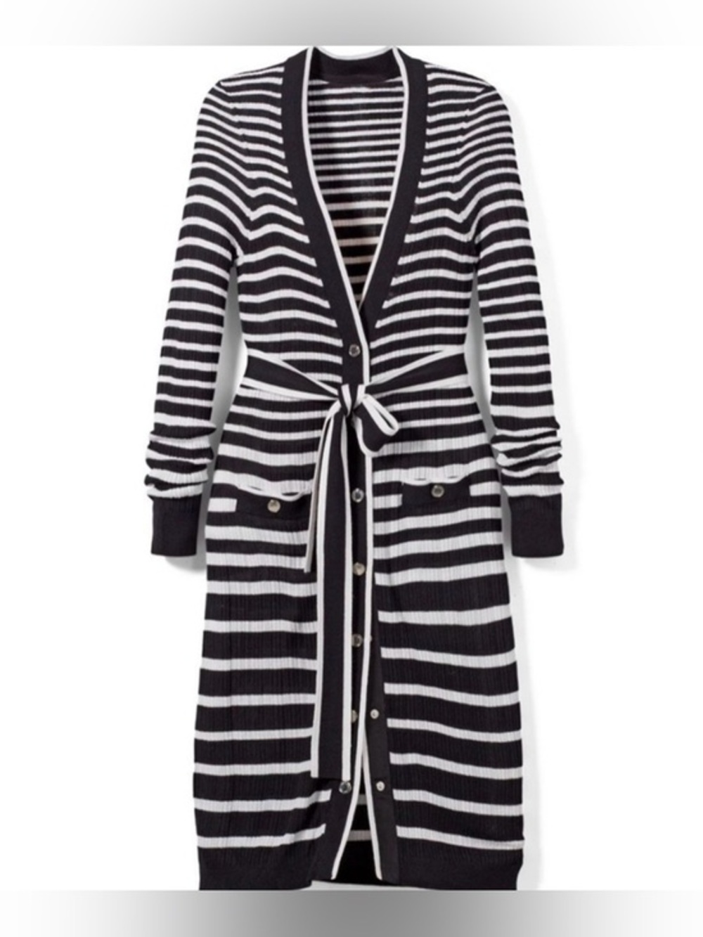 WHBM Striped Light Weight Knit Midi Button Down Tie Waist Dress Black White S